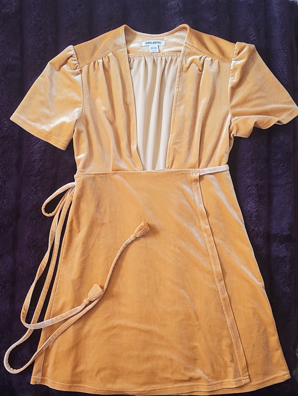 Billabong Mustard Velvet Wrap Dress with Tassel Tie